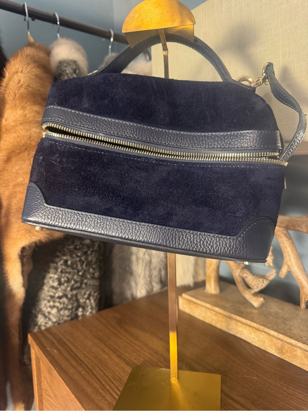 Stylish Navy Suede Top-Handle Women's Bag - Designer-Inspired